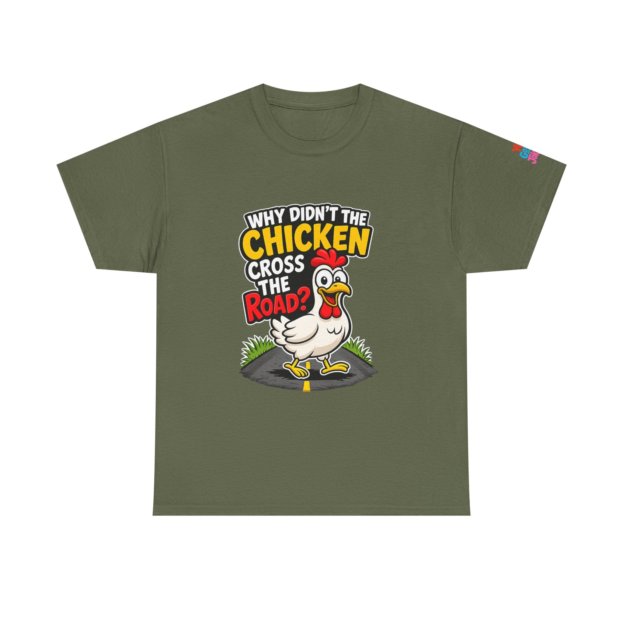 Chicken Joke T-Shirt - "Why Didn't the Chicken Cross the Road? Because He Was Chicken." Humorous Tee for Truckers & Farm Fans