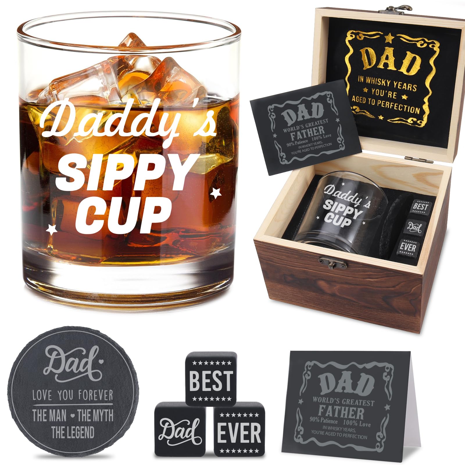 Dad Whiskey Glass Gifts for Dad Christmas First Time Dad Gift for Him New Dad Husband Funny Gag Gift Daddys Sippy Cup Whiskey Stones & Wooden Box Birthday Fathers Day for Dads from Wife Kids